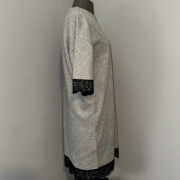 ZARA Trafaluc Grey Soft Knit Crew Neck Dress Black Lace Trim Size L - Picture 3 of 5